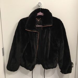 Lucky Faux Fur Bomber Jacket with Rose Gold Zipper